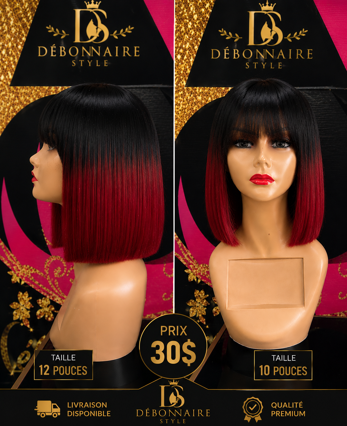 perruque frange Noire roux 12pouces