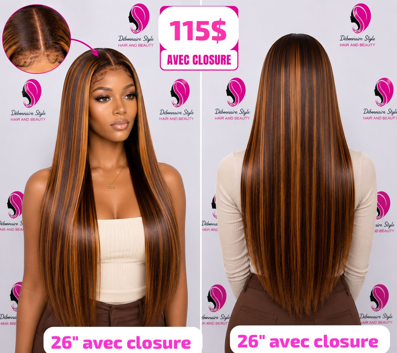 Perruque lisse balayage closure 26 pouces