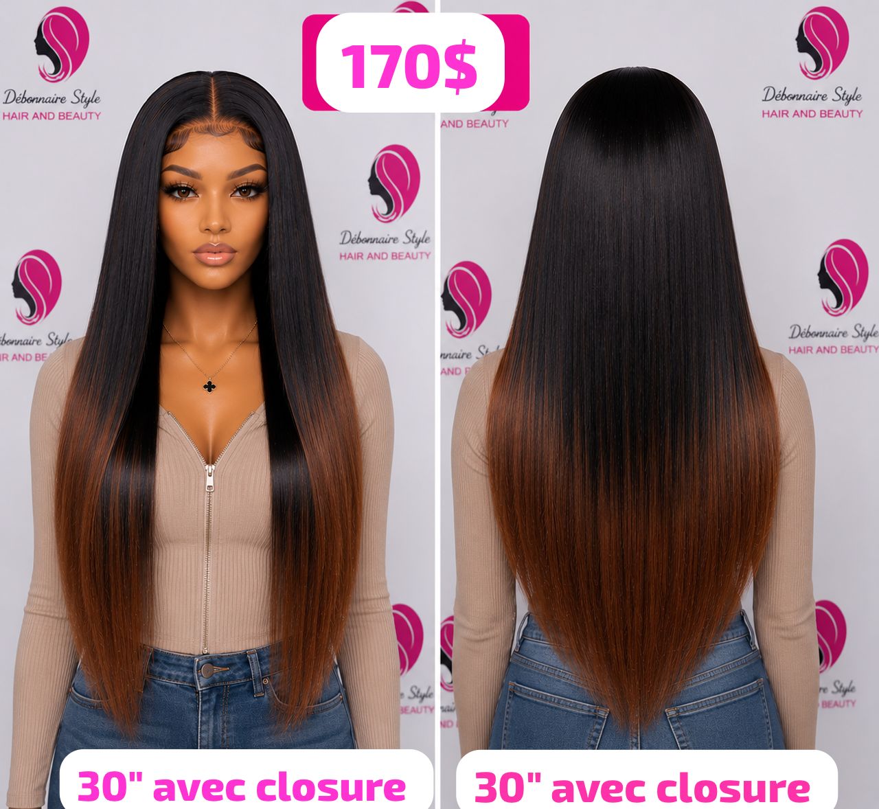 Perruque lisse noire-marron closure 30 pouces