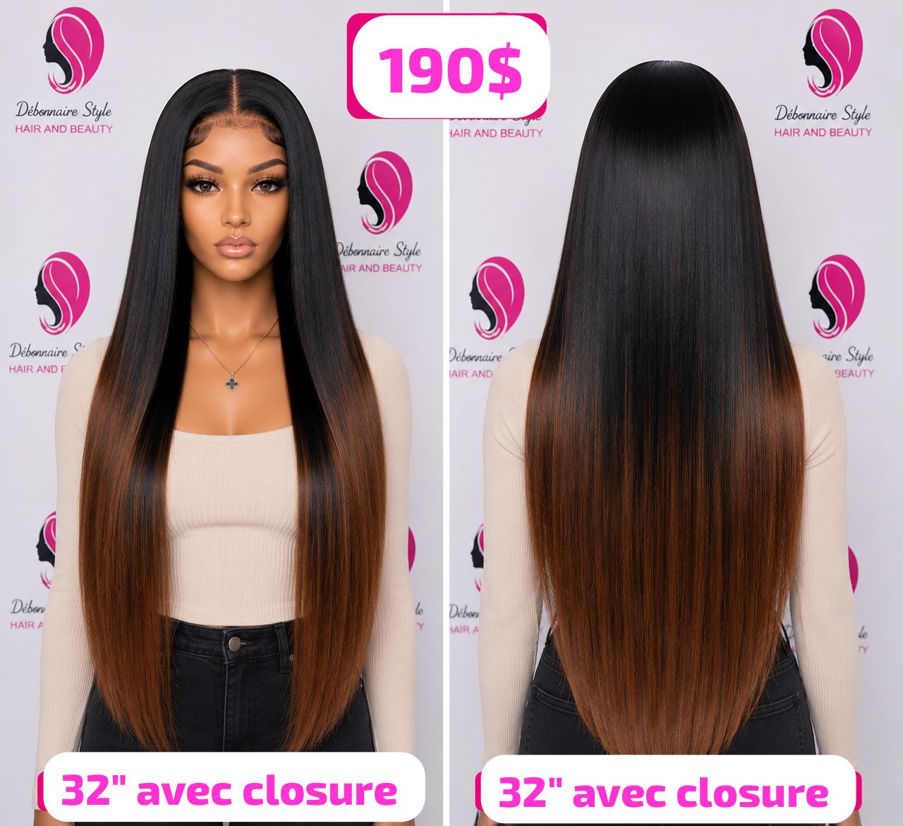 Perruque lisse noire-marron closure 32 pouces