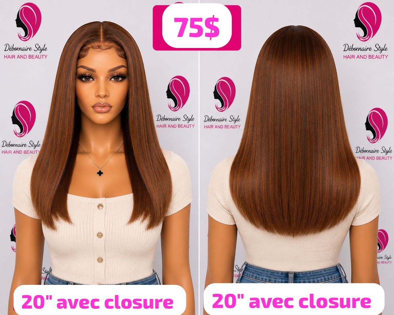 Perruque lisse marron 20'' avec closure