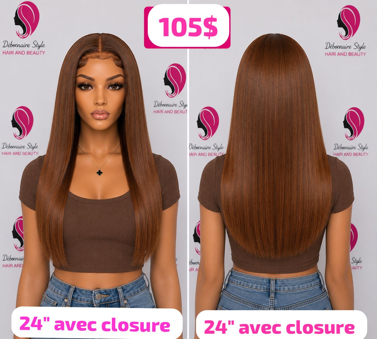 Perruque lisse marron 24" avec closure